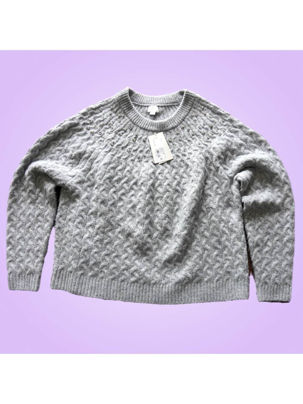 A New Day Gray Cable Knit Rhinestone Pullover Sweater Size 1X